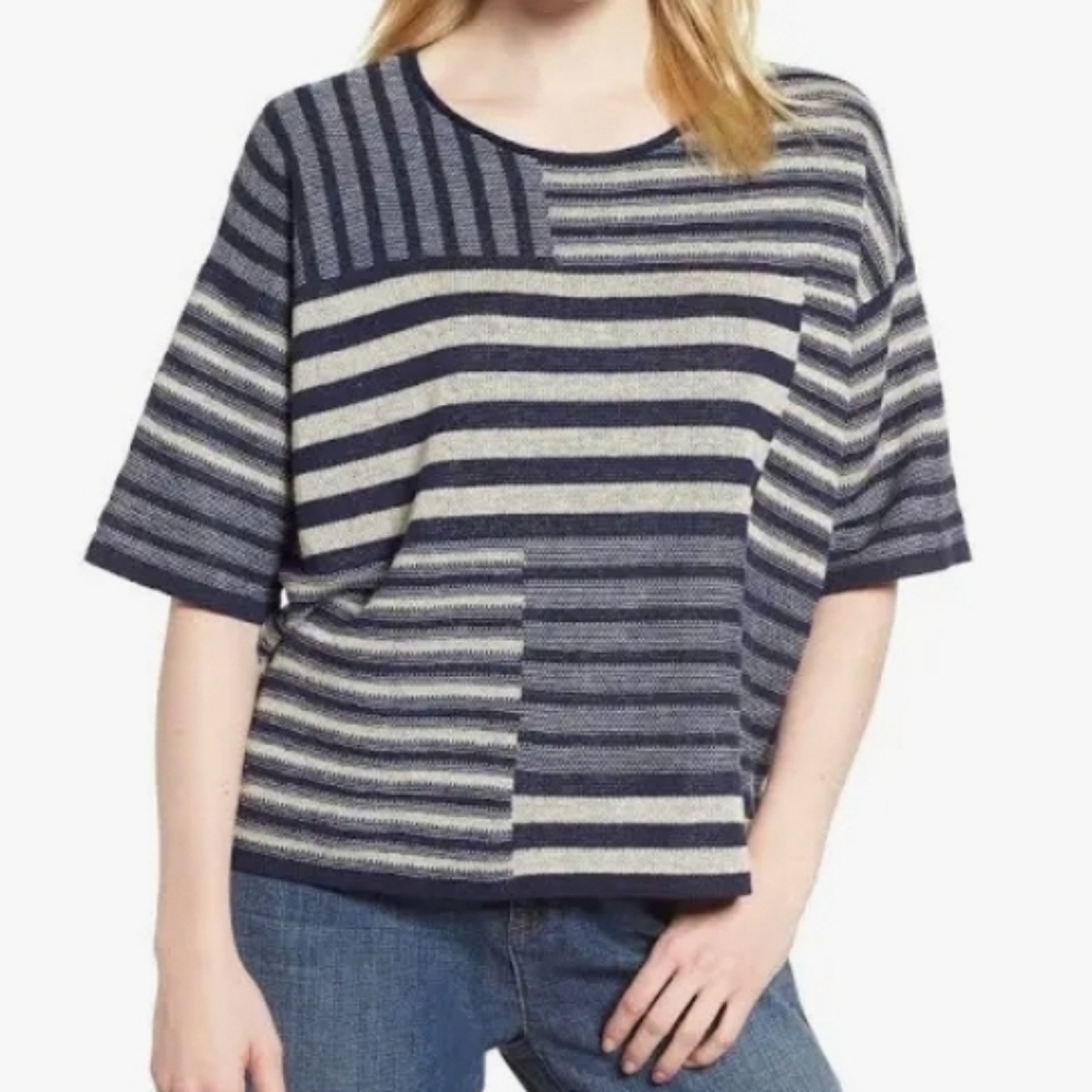 Eileen Fisher Organic Woven Linen Striped Navy & Cream Oversized Top